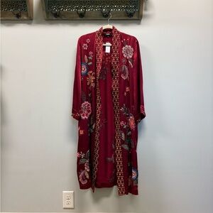 JOHNNY WAS Messine Long KIMONO Embroidered Floral Pomegranate XS. New